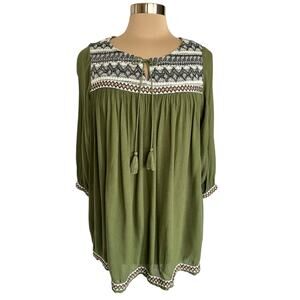 Hannah Olive Green Boho Hippie Peasant Top Size Large Woven Trim Tassel Tie